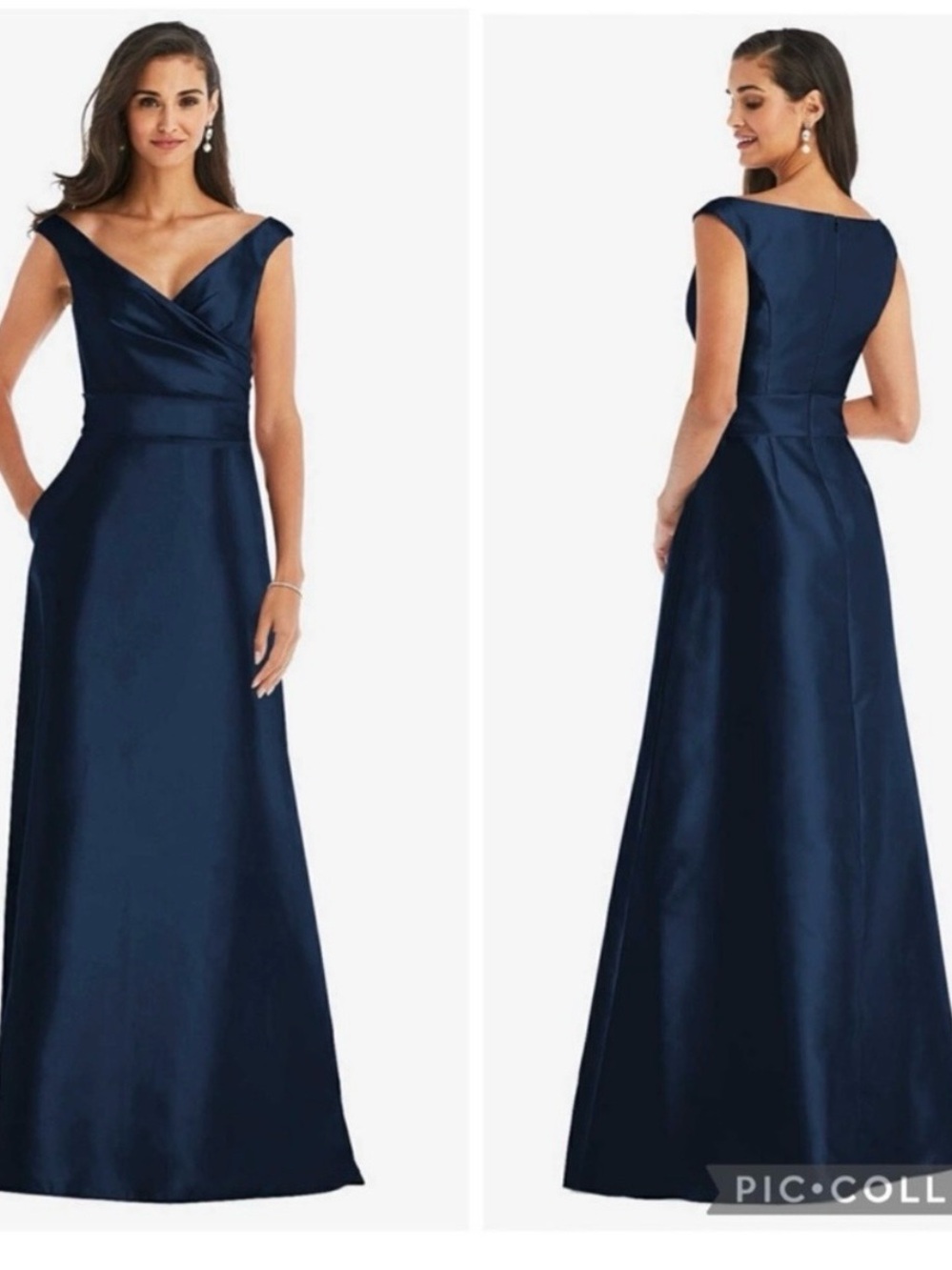 ALFRED SUNG Dark Navy Off-Shoulder Satin Maxi formal GownWedding/Gala Dress-8R